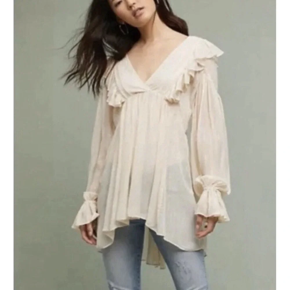 NWOT Maeve Anthropologie Ruffle Wynn Metallic Stripe Boho Peasant Flowy Size 4 - Picture 2 of 14